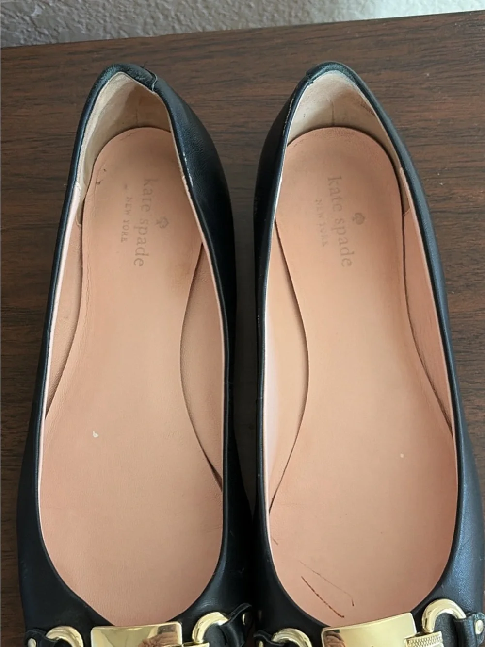 Kate Spade New York Phoebe Blk Leather Ballet Flat Gold Spade Logo Buckle 9.5
